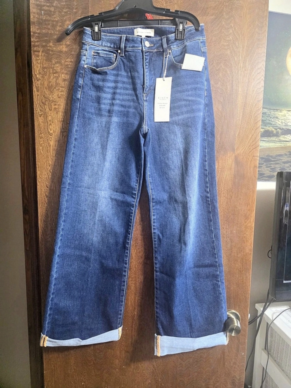 Risen Tummy Control Wide Leg Cuffed Jeans Blue Waist 11/30 NWT
